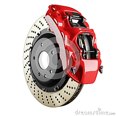 Automobile brake disk and red caliper Stock Photo