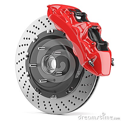 Automobile brake disk and red caliper Stock Photo