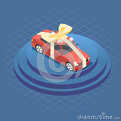 Automobile Car Gift On Podium Isometric Composition Vector Illustration