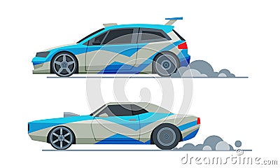 Automobile or Car Participating in Drag or Motor Racing Vector Set Vector Illustration