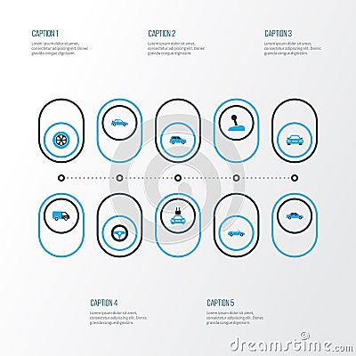 Automobile Colorful Icons Set. Collection Of Cabriolet, Steering Wheel, Lorry And Other Elements. Also Includes Symbols Vector Illustration