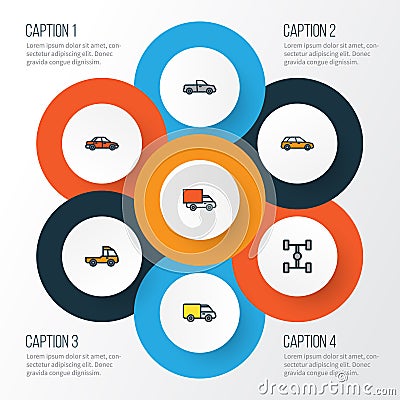Automobile Colorful Outline Icons Set. Collection Of Auto, Carcass, Van And Other Elements. Also Includes Symbols Such Vector Illustration