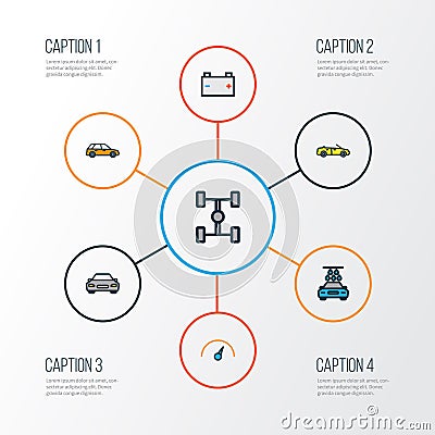 Automobile Colorful Outline Icons Set. Collection Of Automobile, Sport, Accumulator And Other Elements. Also Includes Vector Illustration