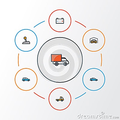 Automobile Colorful Outline Icons Set. Collection Of Level, Pickup, Cabriolet And Other Elements. Also Includes Symbols Vector Illustration