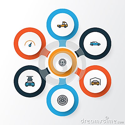 Automobile Colorful Outline Icons Set. Collection Of Pickup, Cabriolet, Speed And Other Elements. Also Includes Symbols Vector Illustration