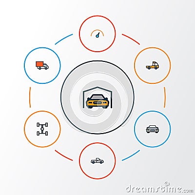 Automobile Colorful Outline Icons Set. Collection Of Speed, Automobile, Shed And Other Elements. Also Includes Symbols Vector Illustration