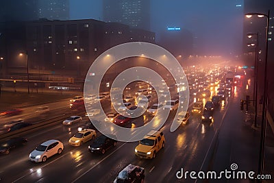 automobile congestion in the early morning rush hour in metro city. Generative AI Stock Photo