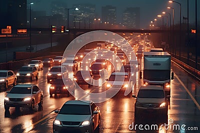 automobile congestion in the early morning rush hour in metro city. Generative AI Stock Photo