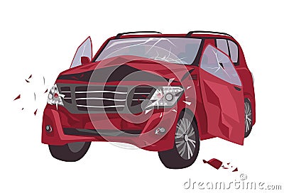 Automobile damaged by collision isolated on white background. Wrecked or crashed auto. Result of traffic or motor Vector Illustration