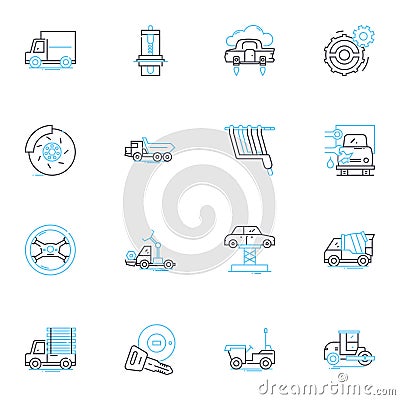 Automobile dealership linear icons set. Cars, Dealership, Test-drive, Financing, Sales, Showroom, Demo line vector and Vector Illustration