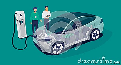 Automobile Engineers Working on Charging Electric Car Battery Cell Pack Platform Vector Illustration