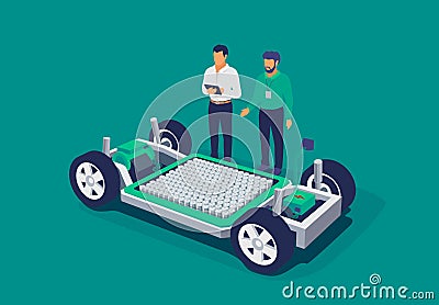 Automobile Engineers Working on Electric Car Battery Cell Pack Platform Chassis Vector Illustration