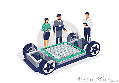 Automobile Engineers Working on Electric Car Battery Cell Pack Platform Chassis Vector Illustration