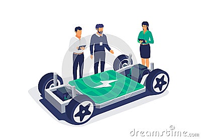 Automobile Engineers Working on Electric Car Battery Cell Pack Platform Chassis Vector Illustration