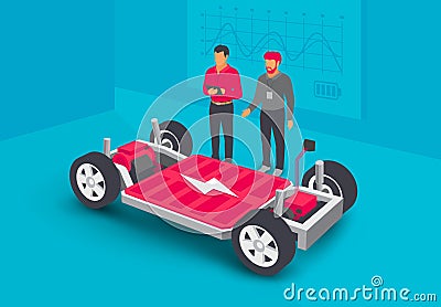 Automobile Engineers Working on Electric Car Battery Module Platform Chassis Vector Illustration
