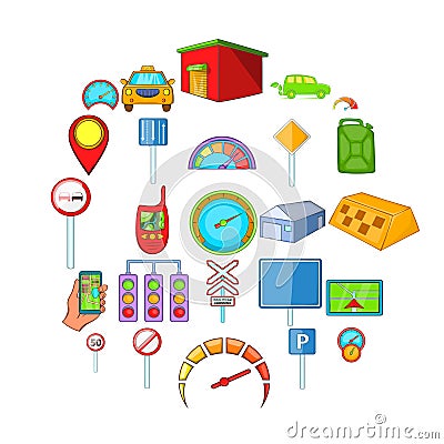 Automobile icons set, cartoon style Vector Illustration