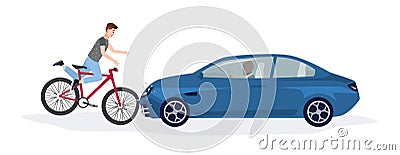 Automobile knocking down boy riding on bike. Head-on road collision with bicyclist involved. Car or traffic accident Vector Illustration