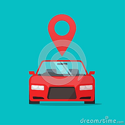 Automobile with map pointer vector sign, flat cartoon car or auto with location pin, concept of rent place or online Vector Illustration