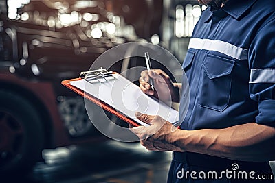Automobile mechanic checking a car by inspecting and writing to the clipboard the checklist. Generative AI Stock Photo