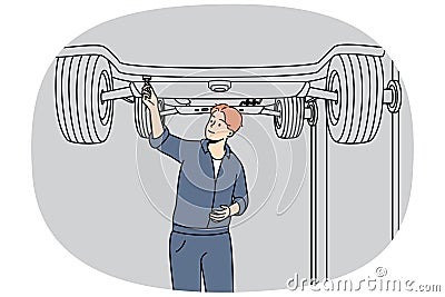 Automobile mechanic working under lifted car. Vector Illustration