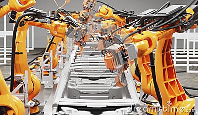 Automobile production line using robots to work in smart factories. Stock Photo