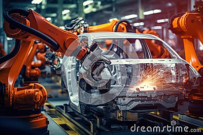 Automobile production line. Welding car body. Modern car assembly plant. Auto industry. Interior of a high-tech factory, modern Stock Photo