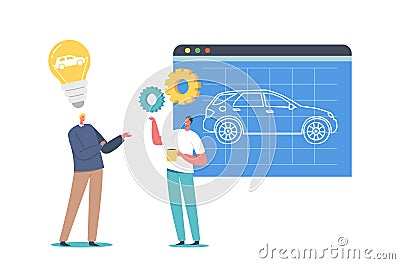 Automobile Prototyping Process. Engineers Designers Characters Presenting Project of New Auto on Screen, Auto Technology Vector Illustration