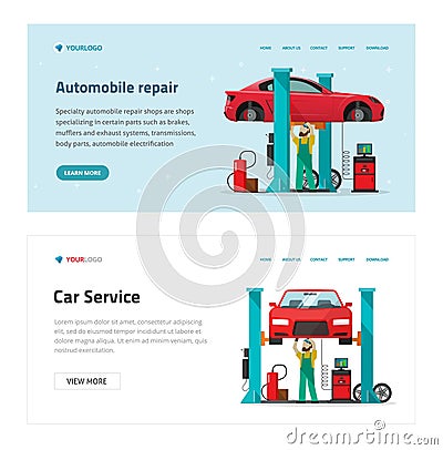 Automobile repair garage service web site template vector illustration, flat cartoon mechanic as repairman person Vector Illustration