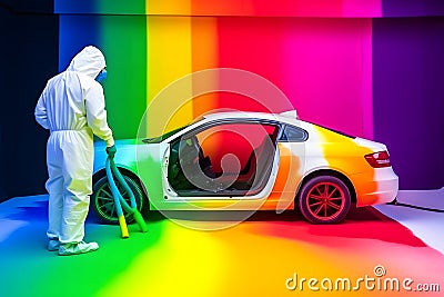 automobile repairman painter hand in protective glove with airbrush pulverizer painting car body in paint chamber Stock Photo