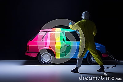 automobile repairman painter hand in protective glove with airbrush pulverizer painting car body in paint chamber Stock Photo