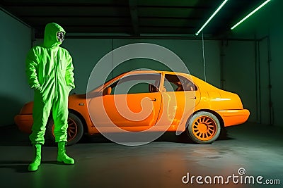 automobile repairman painter hand in protective glove with airbrush pulverizer painting car body in paint chamber Stock Photo