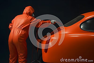 automobile repairman painter hand in protective glove with airbrush pulverizer painting car body in paint chamber Stock Photo