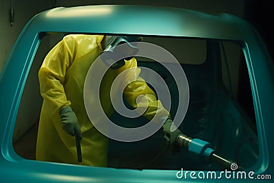 automobile repairman painter hand in protective glove with airbrush pulverizer painting car body in paint chamber Stock Photo