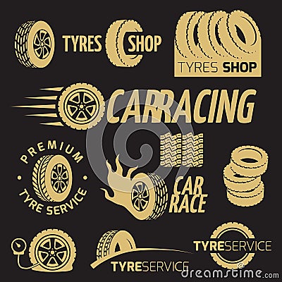 Automobile rubber tire shop, car wheel, racing vector logos and labels set Vector Illustration