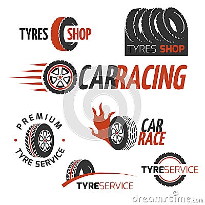 Automobile rubber tire shop, car wheel, racing vector logos and labels set Vector Illustration