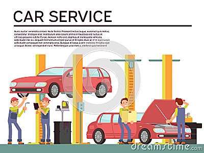 Automobile service and vehicle check vector background with car and mechanics in uniform Vector Illustration