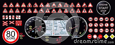 Automobile speedometer against the background of road signs Stock Photo