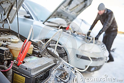 Automobile starter battery problem in winter cold weather conditions Stock Photo