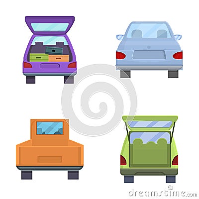 Automobile trunk icons set cartoon vector. Various minivan with open trunk Vector Illustration