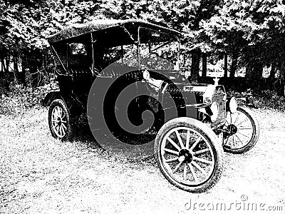 Antique vintage automobile parked in field in black & white Stock Photo