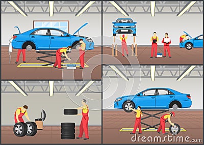 Automobile Workshop Set of Vector Illustrations Vector Illustration