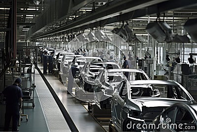 automotive assembly line, with workers building cars and trucks in blur of motion Stock Photo