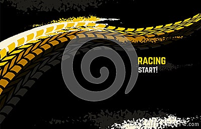 Automotive banner with tyre, abstract transport brochure, motorcycle racing background. Vehicle tires track, grunge Vector Illustration