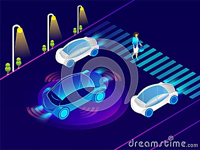 Automotive car with sensor technology on urban landscape for Autonomous Vehicle Remote Sensing System concept. Stock Photo