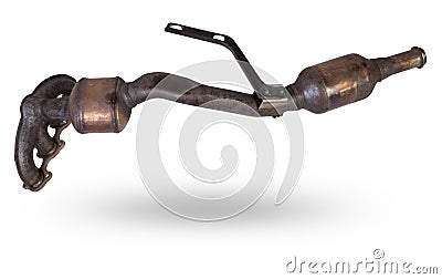 Automotive catalyst removed from a vehicle for repair with a ceramic coating inside as part of an exhaust system to remove harmful Stock Photo