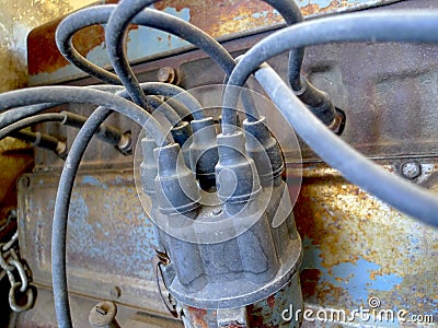 Automotive Distributor cap, ignition parts, antique Stock Photo