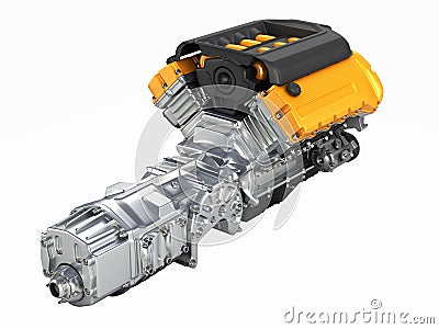 Automotive engine gearbox assembly without shadow 3D illustration Cartoon Illustration