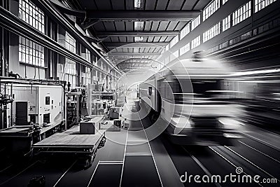 automotive factory with blurred lines of moving vehicles and equipment Stock Photo