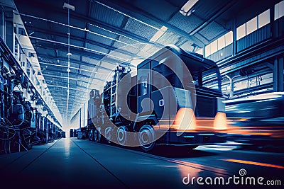 automotive factory with blurred lines of moving vehicles and equipment Stock Photo