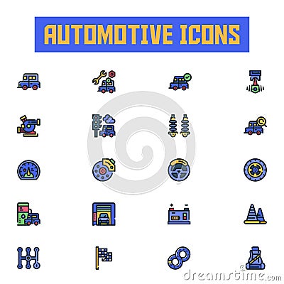 Automotive icons set. flat color icon. Vector Illustration